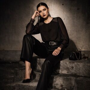 Sézane Paris Romantic French Girl Style - Black Lace Apolline Style Blouse